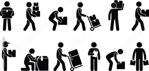 Warehouse worker and delivery service silhouette icon set showing lifting boxes, carrying packages and logistics handling tasks isolated