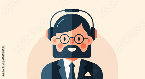 Flat illustration of a bearded man with headphones and glasses, wearing a suit
