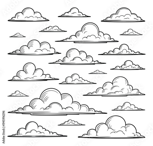Collection of Hand-Drawn Clouds in Various Shapes and Sizes