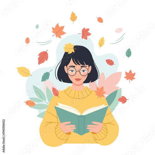 Young woman reading a book surrounded by falling autumn leaves, cozy sweater, intellectual hobby