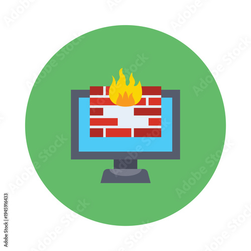computer screen with burning brick wall