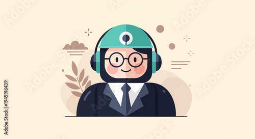Flat illustration of a character wearing a headset and suit, set against a soft background