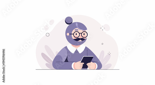 Flat illustration of a character with a bun, mustache, glasses, and tablet