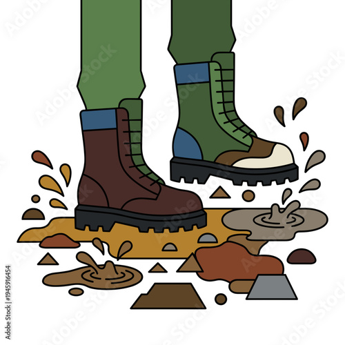 Soldier style boots stepping in muddy puddles on rough dirt road splashing water and soil minimal background concept of hard work outdoor adventure and perseverance