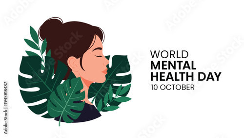 Side profile of a woman with her hair in a bun surrounded by tropical monstera leaves marks World Mental Health Day on October 10.