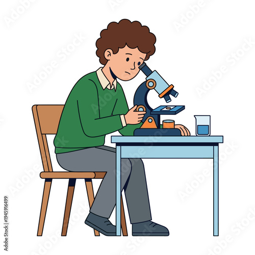 Curious schoolboy studying sample through microscope at classroom desk with laboratory glassware concept of science education discovery and learning