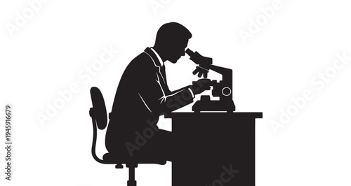 Scientist with Microscope Silhouette vector graphic illustration of a scientist or researcher working diligently at a desk while examining specimens through a sophisticated optical microscope device.
