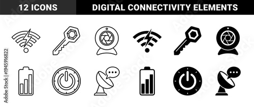 Hybrid Communication and Security Interface Symbols Featuring Integrated Power Lightning Bolt Wifi Signal and Satellite Dish Messaging Elements