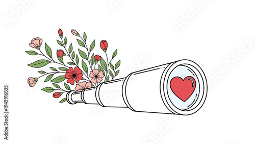 Vintage telescope emitting a bunch of colorful flowers and a red heart symbol represents seeing beauty and love in the world.