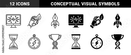 Hybrid conceptual icons featuring digital monitors with pulse waves robotic hands holding leaves fountain pen rockets and hourglasses with pixel sand