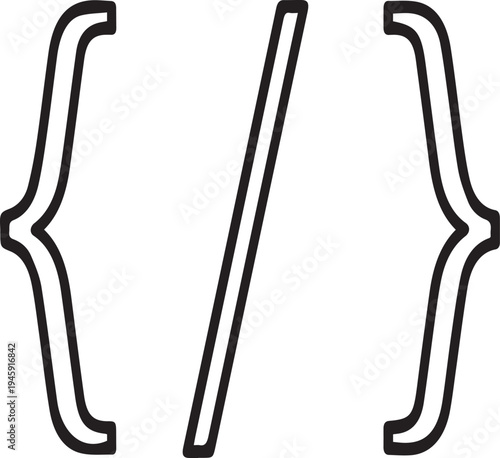 Programming and coding icon with curly brackets and a slash on a white background.