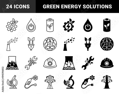 Hybrid ecological energy icons merging industrial machinery with organic growth elements like leaves and trees for sustainable technology branding