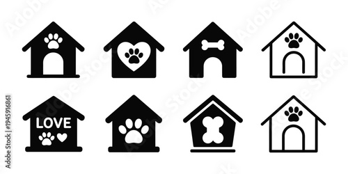 Dog house icon set with bone, love, heart, and paw symbols, black and white vector illustrations in different shapes, including outline and filled styles, perfect for pet care, kennel, and dog-related
