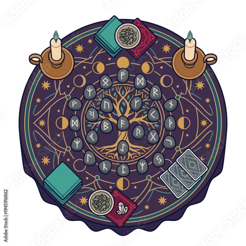 Mystical divination table with runic stones candles tarot cards and sacred symbols arranged around tree of life pattern concept of fortune telling esoteric ritual and spiritual guidance