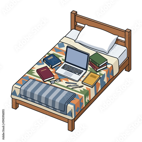 Student dormitory bed with laptop textbooks glasses and notes spread across blanket concept of studying homework college life and remote learning