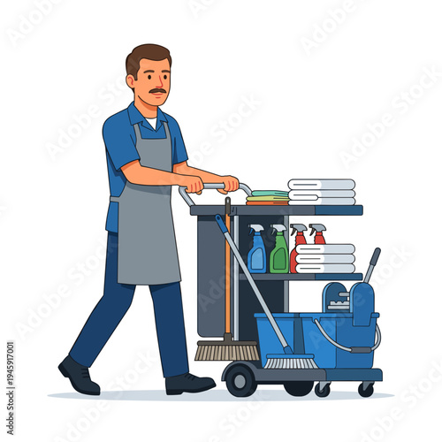 Professional janitor pushing cleaning cart with mop bucket towels and detergents in service corridor concept of sanitation maintenance workplace hygiene and housekeeping job