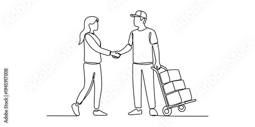 Continuous line drawing of a customer and delivery person shaking hands after receiving packages Vector, illustration