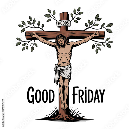 A crucifixion scene of Jesus Christ on Good Friday with a wooden cross and leaves