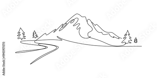 A continuous line drawing illustration of a mountain landscape with evergreen trees and a winding path leading to the peak Vector, illustration