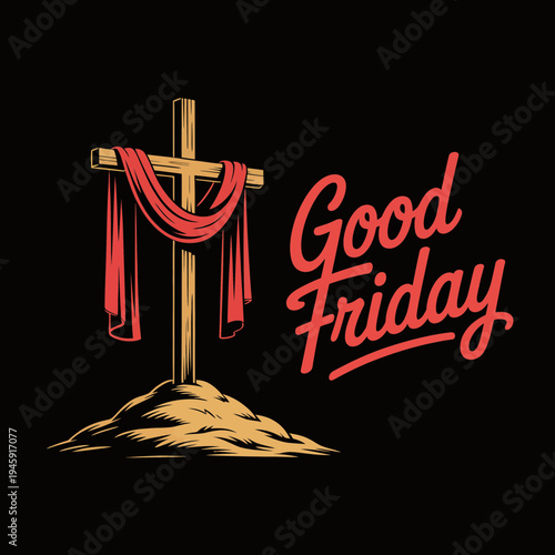 A Good Friday graphic with a cross and red cloth