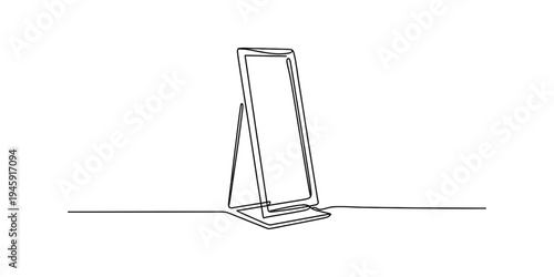 A continuous line art drawing of a standing full-length mirror with a support stand Vector, illustration