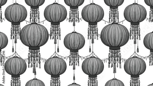 Monochromatic grey and black seamless pattern featuring ornate traditional lanterns with tassels creates a sophisticated design.
