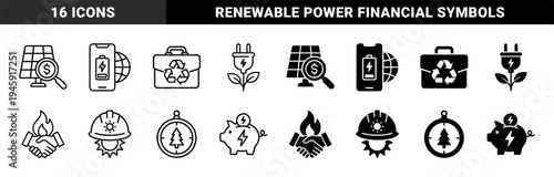 Sustainable energy and green economy icons featuring hybrid designs of solar panels with currency symbols and power plugs merged with organic leaves