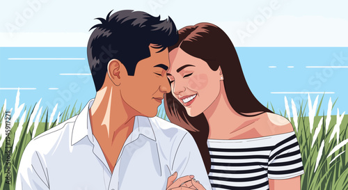 Romantic multiracial couple embracing in a field by the sea