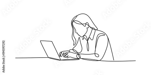 Minimalist continuous line drawing depicting a young woman focused on working at her laptop Vector, illustration