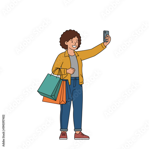 Happy teenage girl taking selfie with smartphone while holding shopping bags concept of modern lifestyle social media and retail shopping