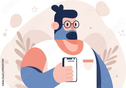 Flat illustration of a man with a beard and glasses holding a smartphone