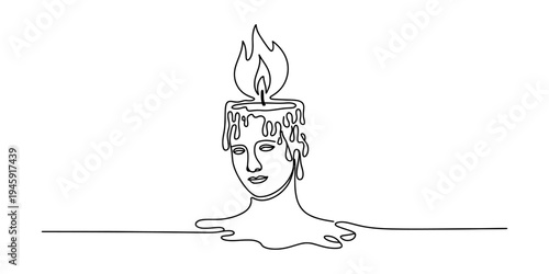 One continuous line drawing showing a human face with a burning candle on top, representing burnout or enlightenment. Vector, illustration
