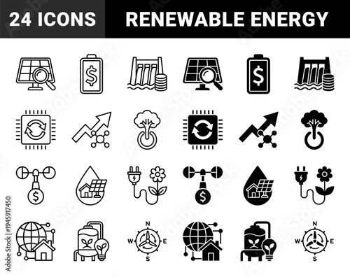 Sustainable Energy Economy and Green Technology Hybrid Line Icons Featuring Solar Panels Wind Turbines and Hydroelectric Power Systems