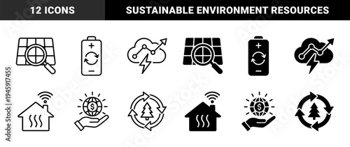 Sustainable energy and carbon footprint reduction icons featuring solar panels magnifying glass renewable battery smart home heating and factory emission control