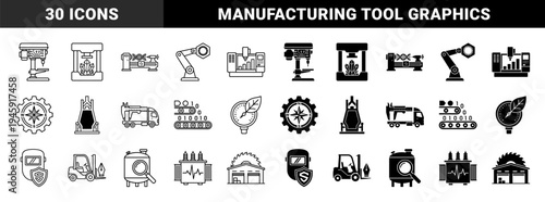 Industrial manufacturing hybrid icons merging heavy machinery with digital data symbols and precision engineering tools in outline and solid styles