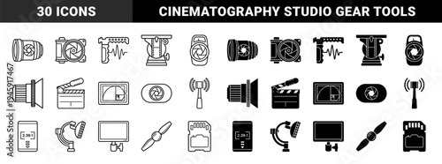 Cinematography and Filmmaking Equipment Hybrid Icon Set Featuring Camera Lens Shutter Aperture Clapperboard Monitor and Digital Storage Media