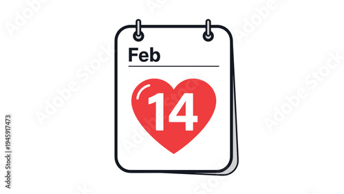 Calendar page showing February 14 with a red heart icon represents Valentine Day and a celebration of love and relationships.