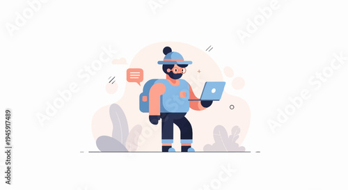 Flat illustration of a man with backpack and laptop, communicating