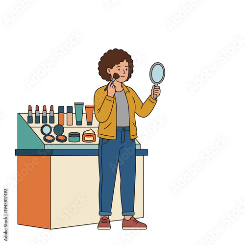 Young woman trying cosmetic makeup products with mirror at beauty store counter concept of skincare fashion and personal beauty routine