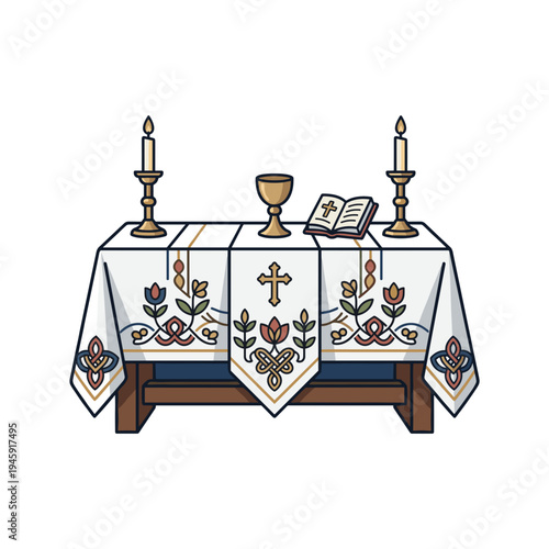 Christian church altar with embroidered linen cloth chalice bible and candles prepared for religious service concept of faith worship and spiritual tradition
