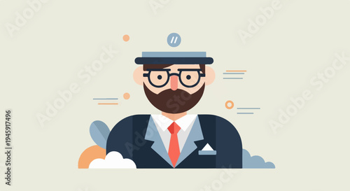Flat illustration of a man with beard and glasses, wearing a suit and tie