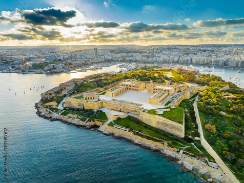 Drone sunset view of Fort Manoel on Manoel island, Gzira city. Maltese island