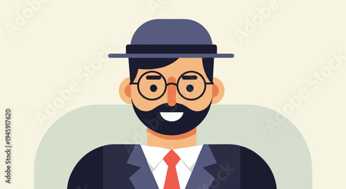 Flat illustration of a man with glasses, beard, and hat (1)