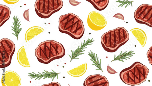 Seamless food pattern featuring grilled steaks, lemon slices, garlic cloves, and rosemary sprigs for a delicious culinary design.