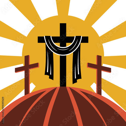 An illustration of three crosses on a hill with a radiant sun