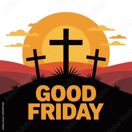 A digital illustration of three crosses on a hill at sunset on Good Friday