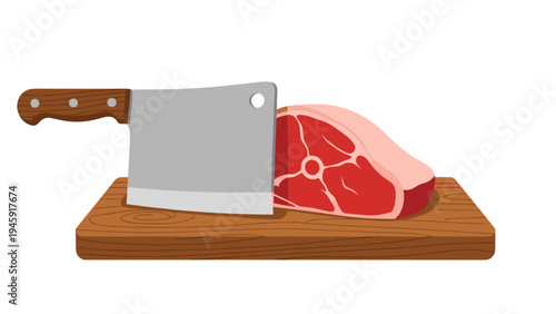 Large piece of raw red meat and a sharp metal cleaver with a wooden handle are placed on a wooden cutting board in a kitchen.