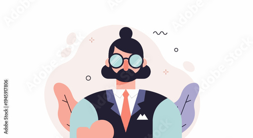 Flat illustration of a man with round glasses, a beard, and a bun