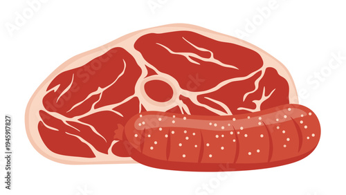 Large cut of raw beef steak and a single cooked sausage are presented together as a high protein meat meal on a white background.