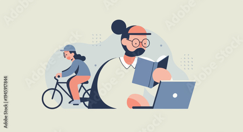 Flat illustration of a person cycling and another reading on laptop